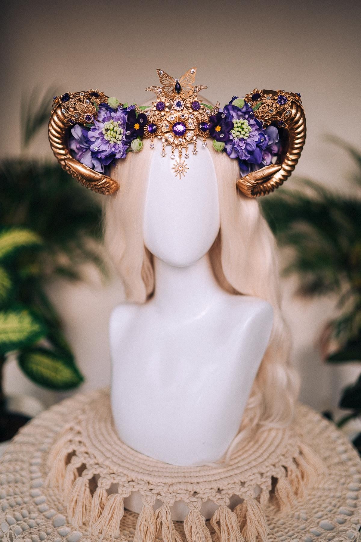 Aries Horn Crown, Purple Floral Ram Tiara, Zodiac Headpiece, Celestial Festival Crown, Fire Sign Horn Crown, Butterfly Moon Tiara, Goddess