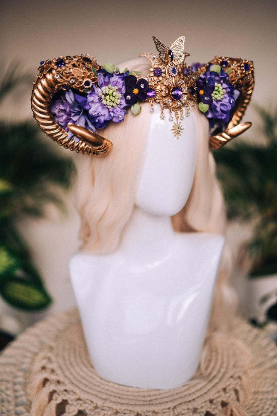Aries Horn Crown, Purple Floral Ram Tiara, Zodiac Headpiece, Celestial Festival Crown, Fire Sign Horn Crown, Butterfly Moon Tiara, Goddess