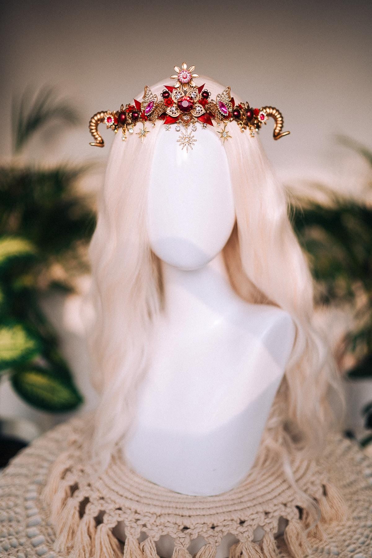 SALE Aries Crown, Ram Horn Tiara, Red Floral Tiara, Fire Sign Headpiece, Butterfly Zodiac Crown, Celestial Horn Headpiece, Festival Costume