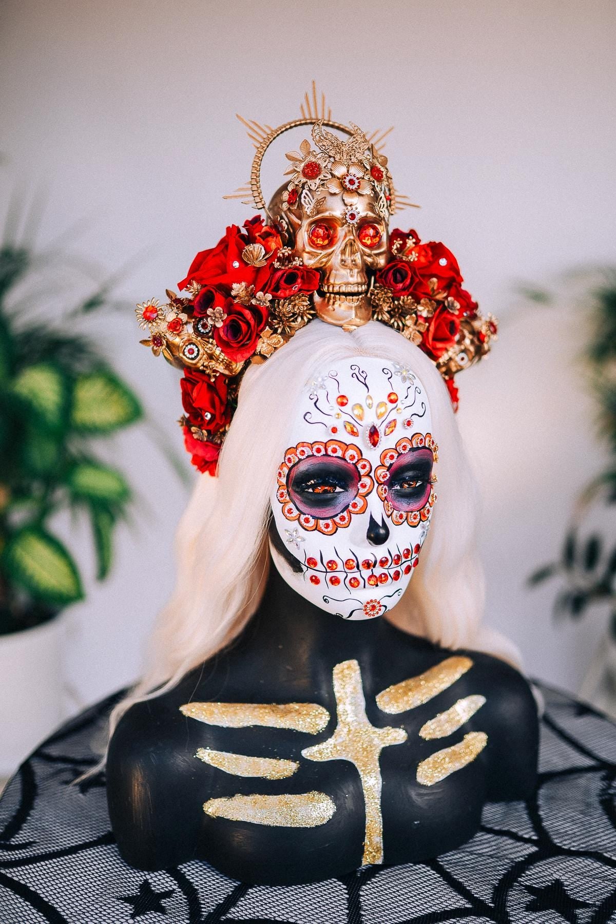 La Catrina Crown, Red Roses, Gold Skull, Day Of The Dead, Gothic Headpiece, Halloween, Sugar Skull, Floral Halo, Celestial, Statement Tiara