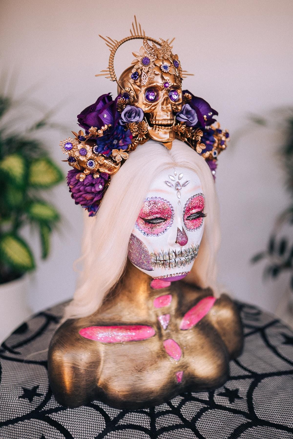 La Catrina Crown, Purple Roses, Gold Skull, Day Of The Dead, Gothic Headpiece, Halloween, Sugar Skull, Floral Halo, Celestial, Flower Crown