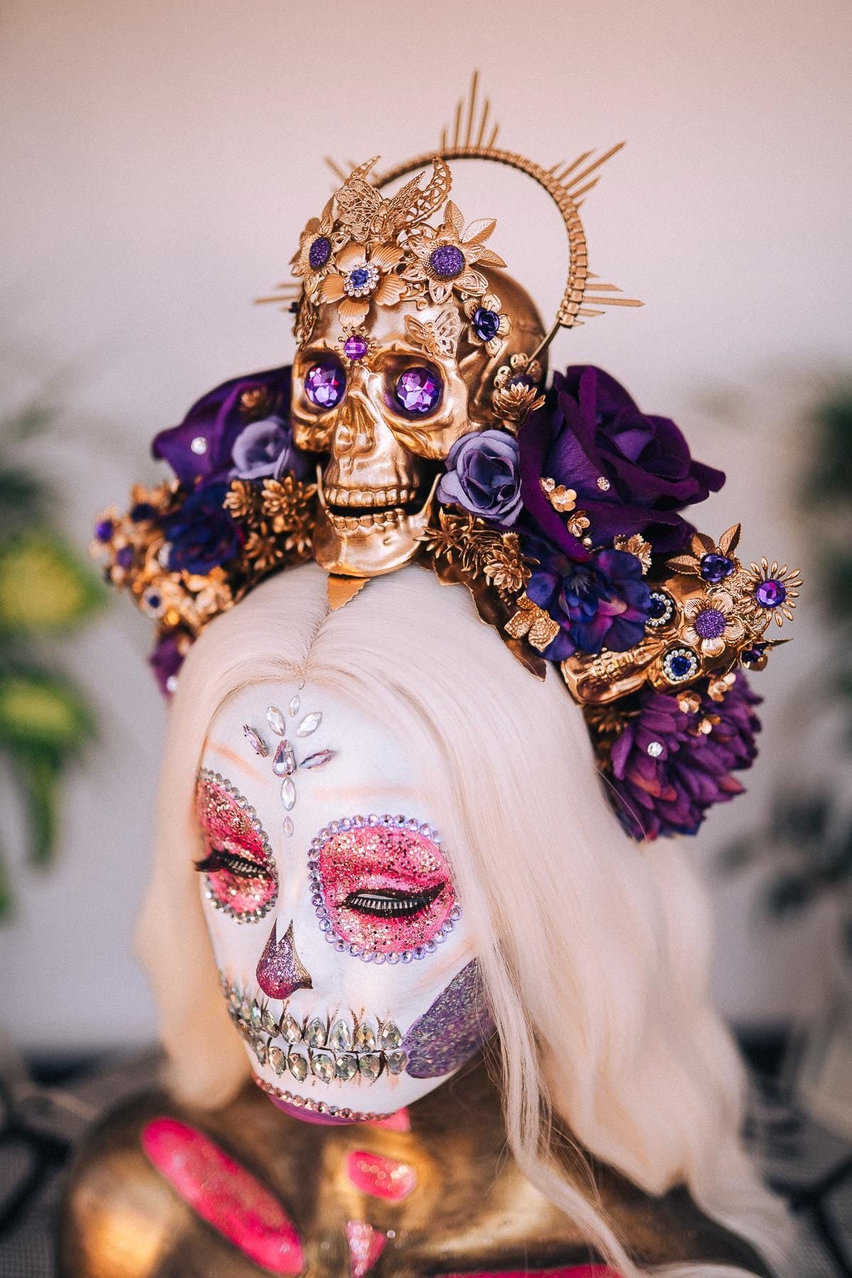 La Catrina Crown, Purple Roses, Gold Skull, Day Of The Dead, Gothic Headpiece, Halloween, Sugar Skull, Floral Halo, Celestial, Flower Crown