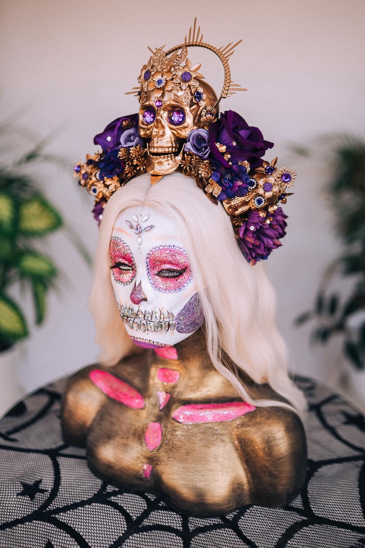 La Catrina Crown, Purple Roses, Gold Skull, Day Of The Dead, Gothic Headpiece, Halloween, Sugar Skull, Floral Halo, Celestial, Flower Crown