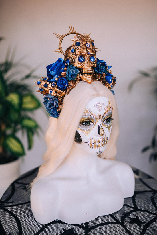La Catrina Crown, Blue Roses, Gold Skull, Day Of The Dead, Gothic Headpiece, Halloween, Sugar Skull, Floral Halo, Celestial, Statement Tiara