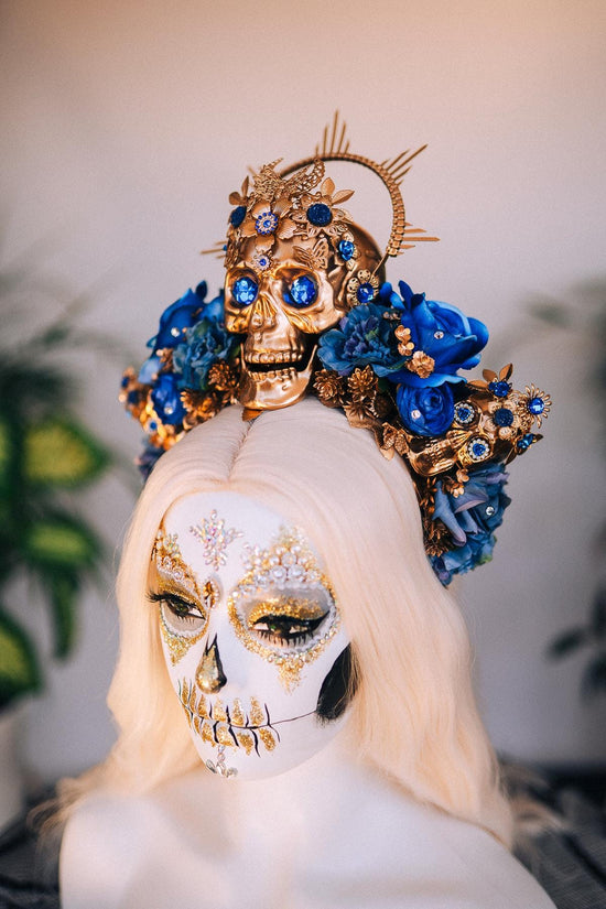 La Catrina Crown, Blue Roses, Gold Skull, Day Of The Dead, Gothic Headpiece, Halloween, Sugar Skull, Floral Halo, Celestial, Statement Tiara