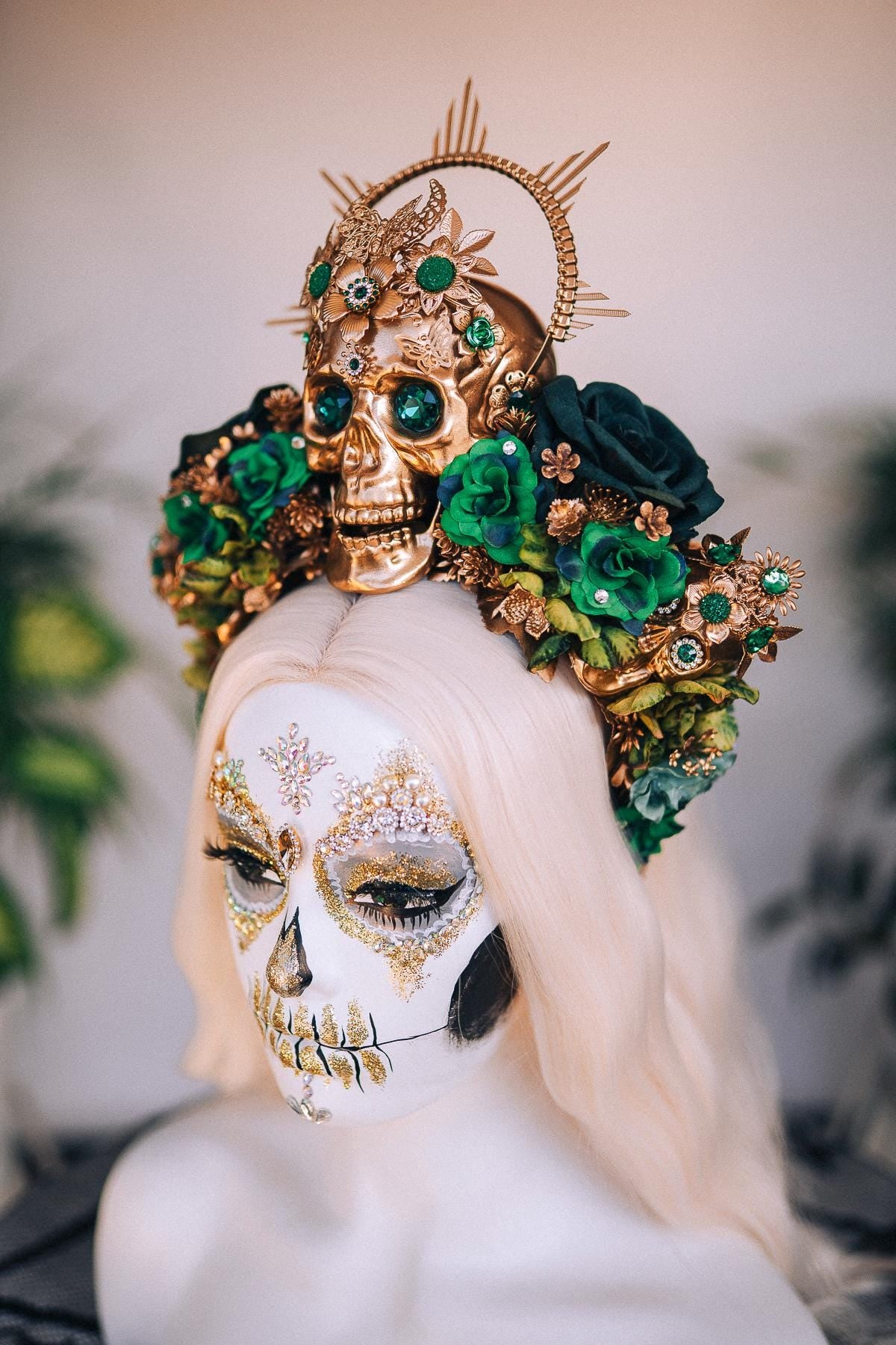 La Catrina Crown, Green Roses, Gold Skull, Day Of The Dead, Gothic Headpiece, Halloween, Sugar Skull, Floral Halo, Celestial,Statement Tiara