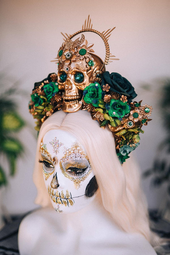La Catrina Crown, Green Roses, Gold Skull, Day Of The Dead, Gothic Headpiece, Halloween, Sugar Skull, Floral Halo, Celestial,Statement Tiara