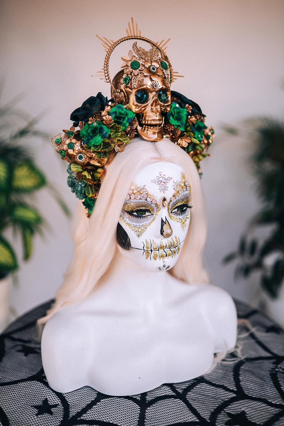 La Catrina Crown, Green Roses, Gold Skull, Day Of The Dead, Gothic Headpiece, Halloween, Sugar Skull, Floral Halo, Celestial,Statement Tiara