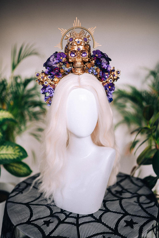 La Catrina Skull Crown, Purple Flower Headpiece, Gold Halo, Halloween Costume, Day Of The Dead Crown, Sugar Skull Headdress, Festival Tiara