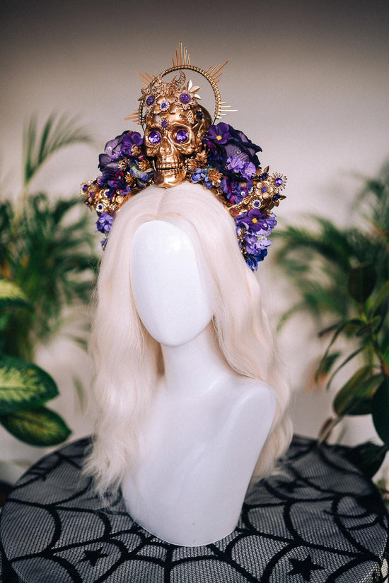 La Catrina Skull Crown, Purple Flower Headpiece, Gold Halo, Halloween Costume, Day Of The Dead Crown, Sugar Skull Headdress, Festival Tiara