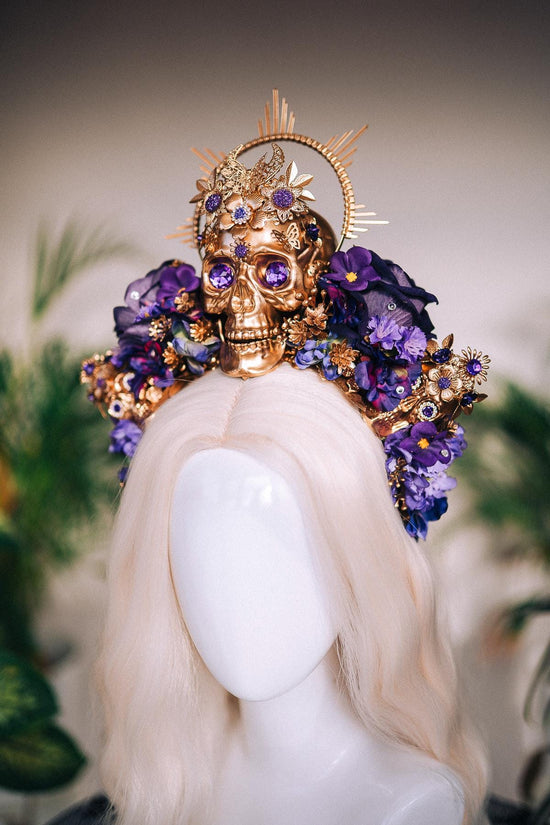 La Catrina Skull Crown, Purple Flower Headpiece, Gold Halo, Halloween Costume, Day Of The Dead Crown, Sugar Skull Headdress, Festival Tiara