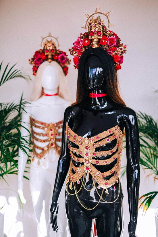 La Catrina Crown, Pink Roses, Gold Skull, Day Of The Dead, Gothic Headpiece, Halloween, Sugar Skull, Floral Halo, Celestial, Statement Tiara