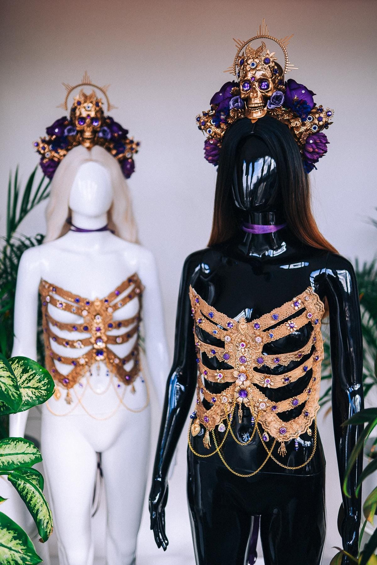 La Catrina Crown, Purple Roses, Gold Skull, Day Of The Dead, Gothic Headpiece, Halloween, Sugar Skull, Floral Halo, Celestial, Flower Crown