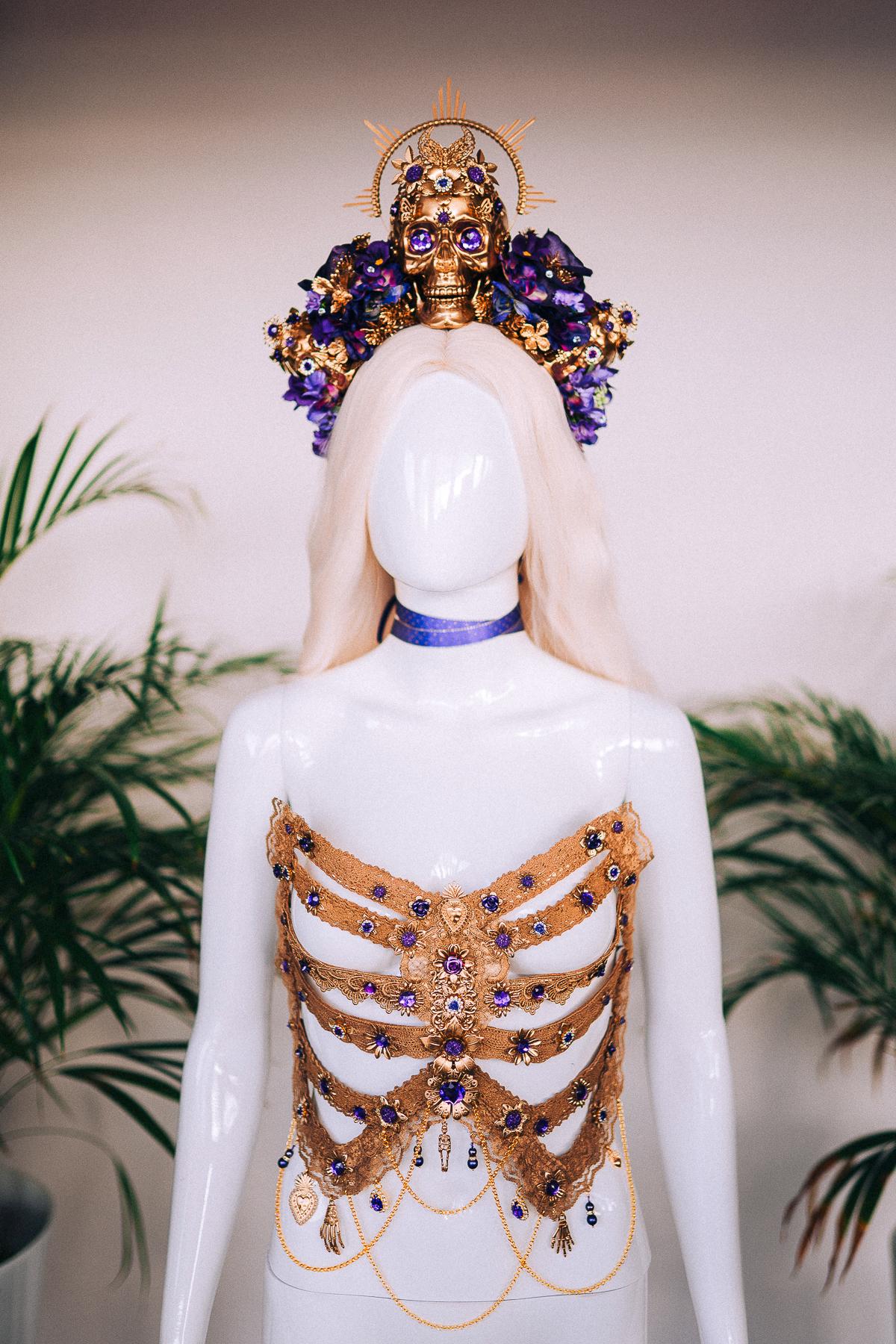 Golden Skeleton Ribs, La Catrina Costume, Gold Body Armor, Festival Corset, Skeleton Top, Purple Rhinestones, Dia De Muertos, Sugar Skull