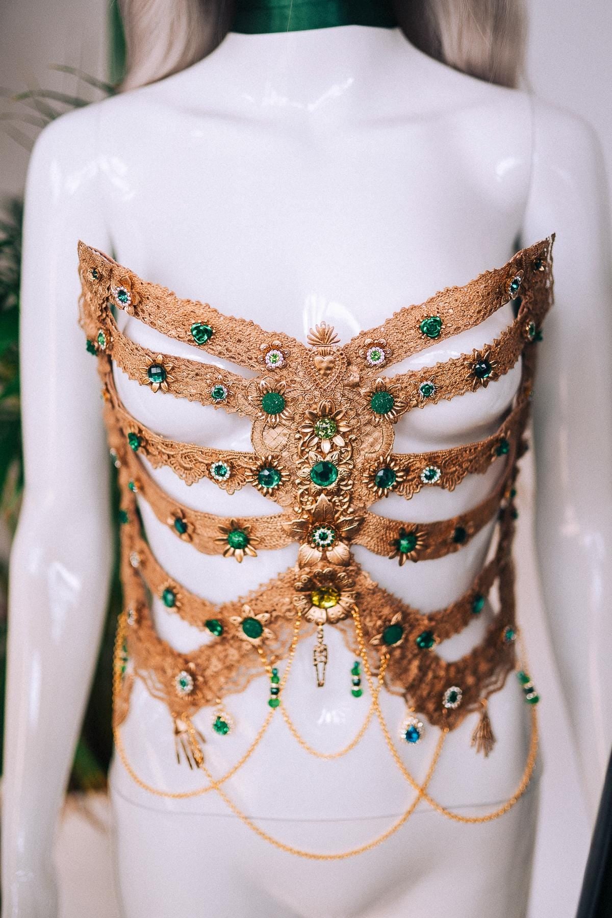 Golden Ribs, Emerald Skeleton, Gold Costume, Festival Outfit, Halloween Body Jewelry, Goddess Top, La Catrina, Gold Corset, Floral Armor