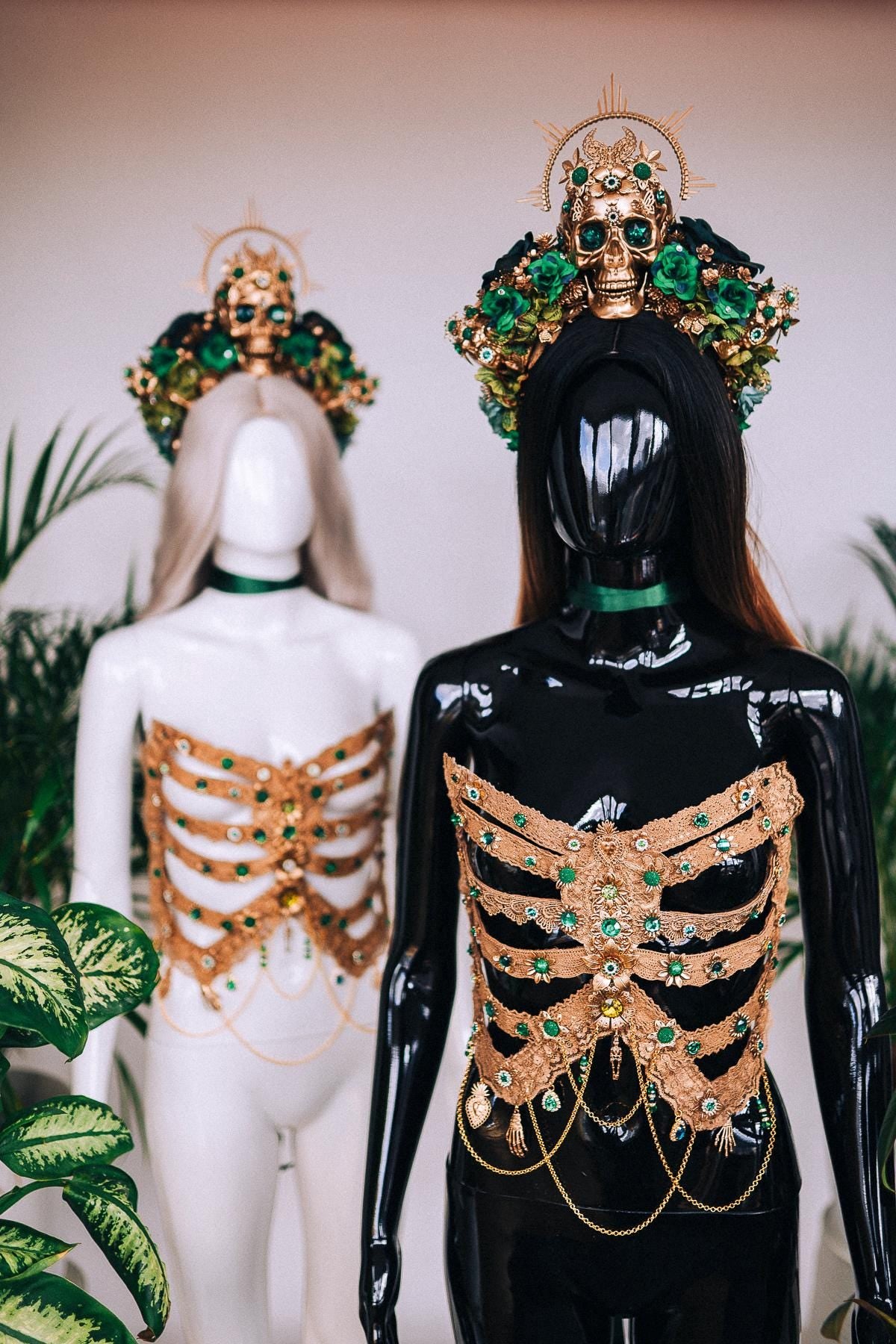 Golden Ribs, Emerald Skeleton, Gold Costume, Festival Outfit, Halloween Body Jewelry, Goddess Top, La Catrina, Gold Corset, Floral Armor