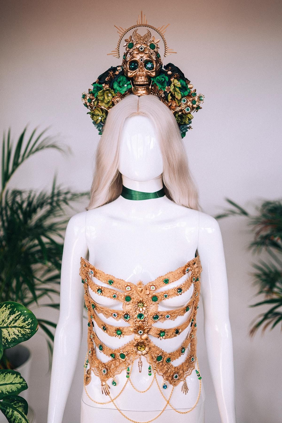 Golden Ribs, Emerald Skeleton, Gold Costume, Festival Outfit, Halloween Body Jewelry, Goddess Top, La Catrina, Gold Corset, Floral Armor