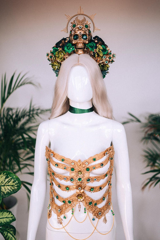 Golden Ribs, Emerald Skeleton, Gold Costume, Festival Outfit, Halloween Body Jewelry, Goddess Top, La Catrina, Gold Corset, Floral Armor