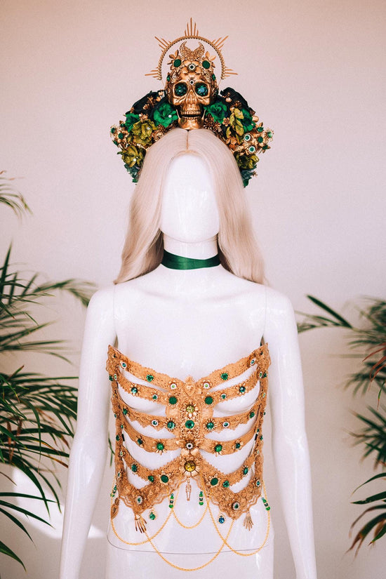 Golden Ribs, Emerald Skeleton, Gold Costume, Festival Outfit, Halloween Body Jewelry, Goddess Top, La Catrina, Gold Corset, Floral Armor