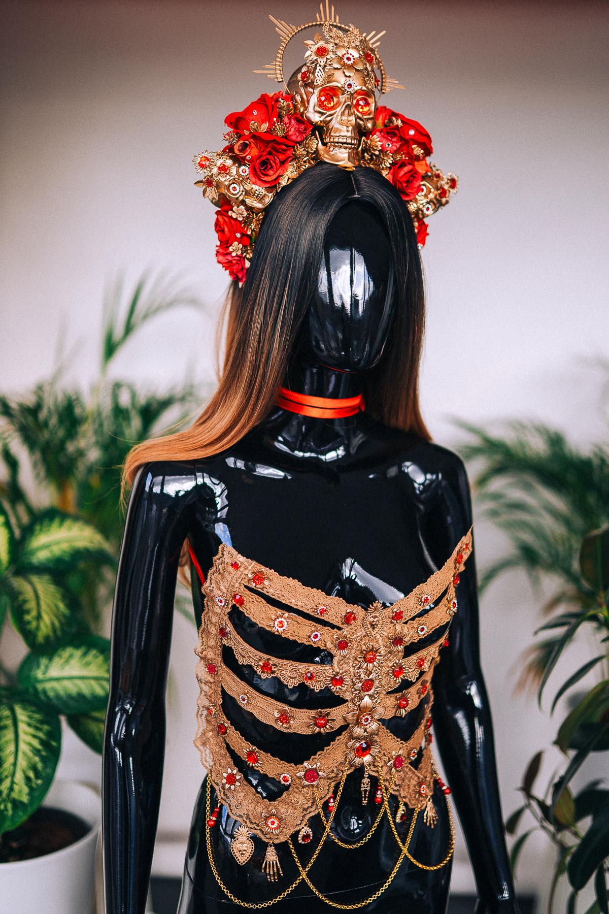Golden Skeleton Ribs, La Catrina Costume, Gold Body Armor, Festival Co ...