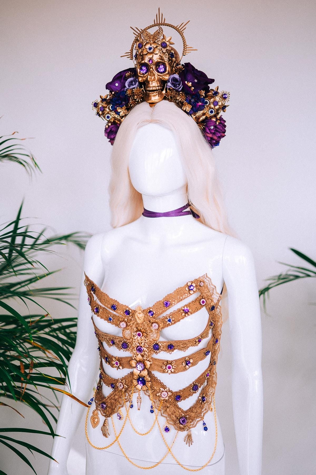 Golden Skeleton Ribs, La Catrina Costume, Gold Body Armor, Festival Corset, Skeleton Top, Purple Rhinestones, Dia De Muertos, Sugar Skull