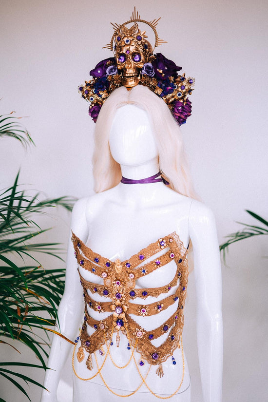 Golden Skeleton Ribs, La Catrina Costume, Gold Body Armor, Festival Corset, Skeleton Top, Purple Rhinestones, Dia De Muertos, Sugar Skull