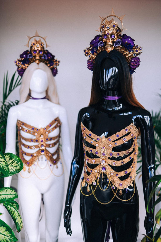 Golden Skeleton Ribs, La Catrina Costume, Gold Body Armor, Festival Corset, Skeleton Top, Purple Rhinestones, Dia De Muertos, Sugar Skull