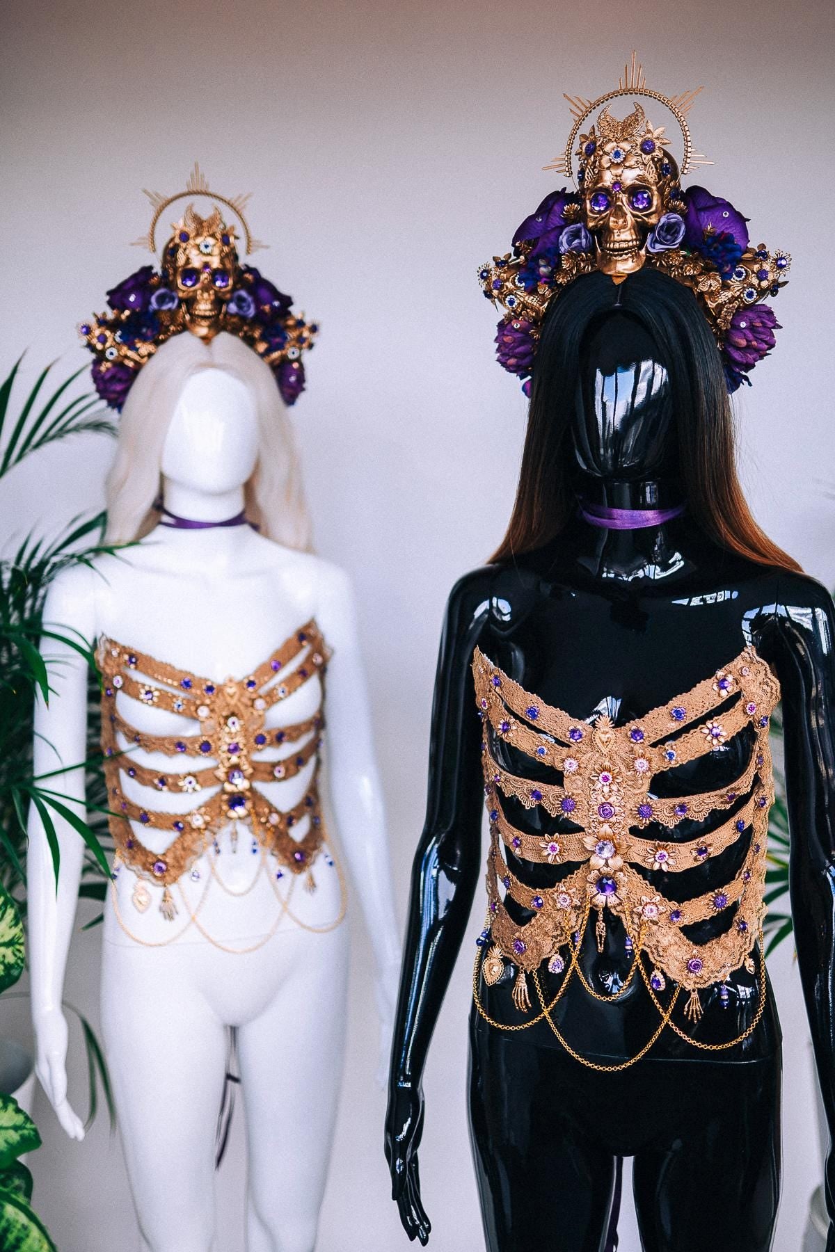 Golden Skeleton Ribs, La Catrina Costume, Gold Body Armor, Festival Corset, Skeleton Top, Purple Rhinestones, Dia De Muertos, Sugar Skull
