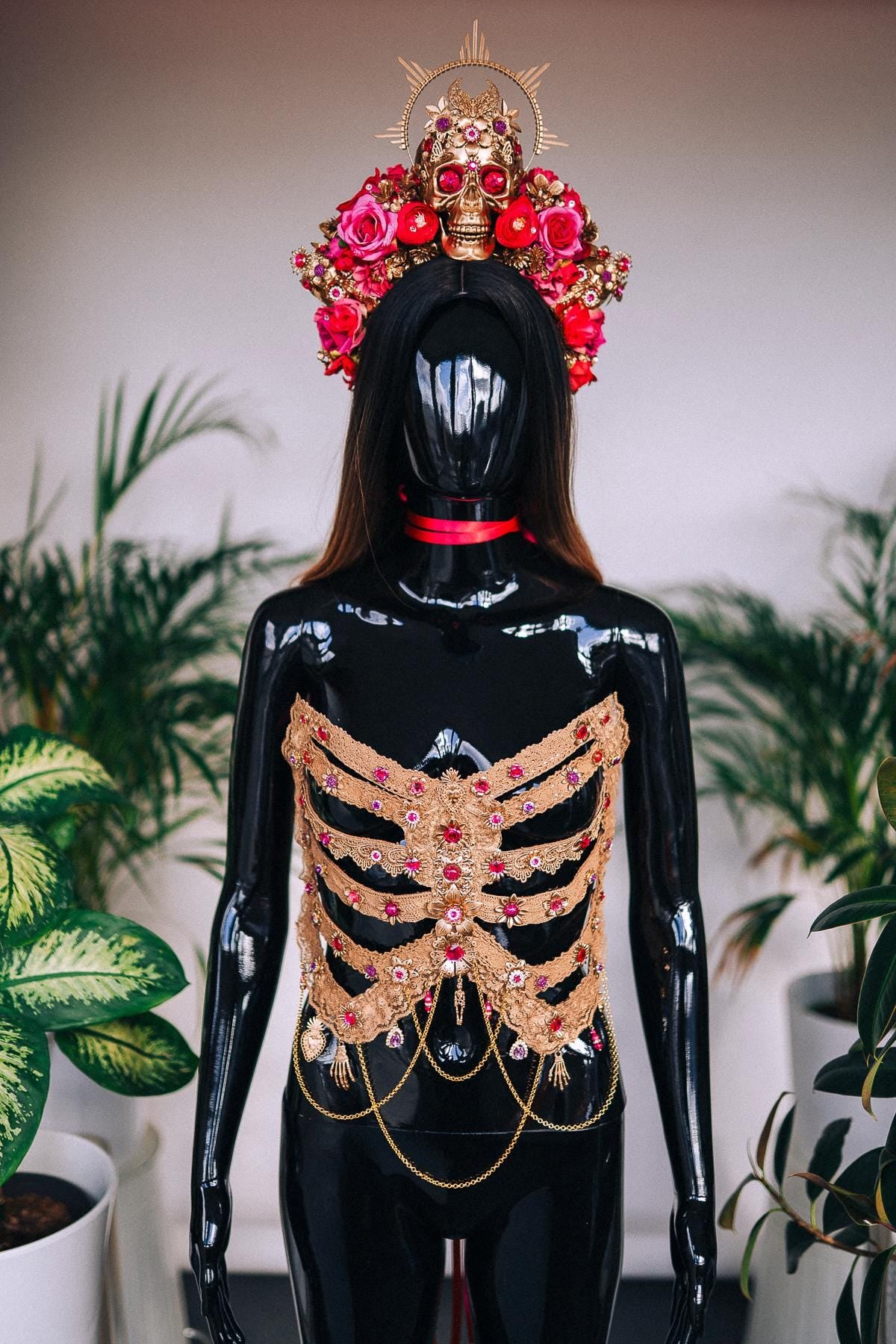 Golden Rib Cage, Pink Gems, Skeleton Costume, Goddess Outfit, Festival Corset, Halloween Costume, La Catrina Costume, Dia De Muertos