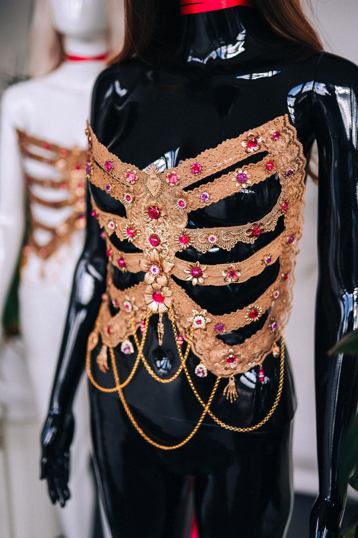 Golden Rib Cage, Pink Gems, Skeleton Costume, Goddess Outfit, Festival Corset, Halloween Costume, La Catrina Costume, Dia De Muertos