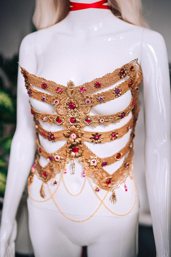 Golden Rib Cage, Pink Gems, Skeleton Costume, Goddess Outfit, Festival Corset, Halloween Costume, La Catrina Costume, Dia De Muertos