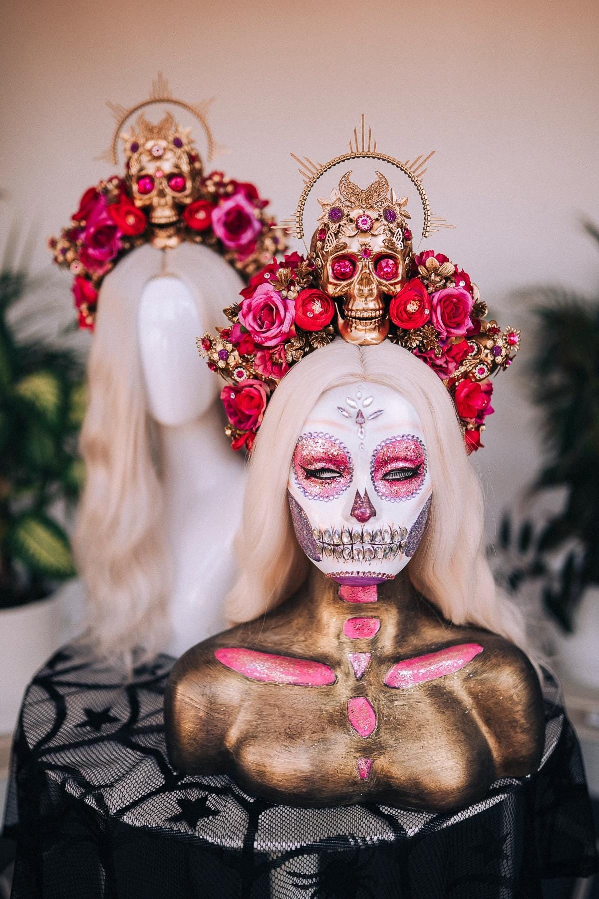 Golden Rib Cage, Pink Gems, Skeleton Costume, Goddess Outfit, Festival Corset, Halloween Costume, La Catrina Costume, Dia De Muertos