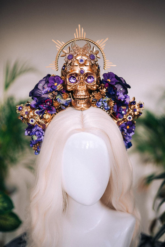 La Catrina Skull Crown, Purple Flower Headpiece, Gold Halo, Halloween Costume, Day Of The Dead Crown, Sugar Skull Headdress, Festival Tiara