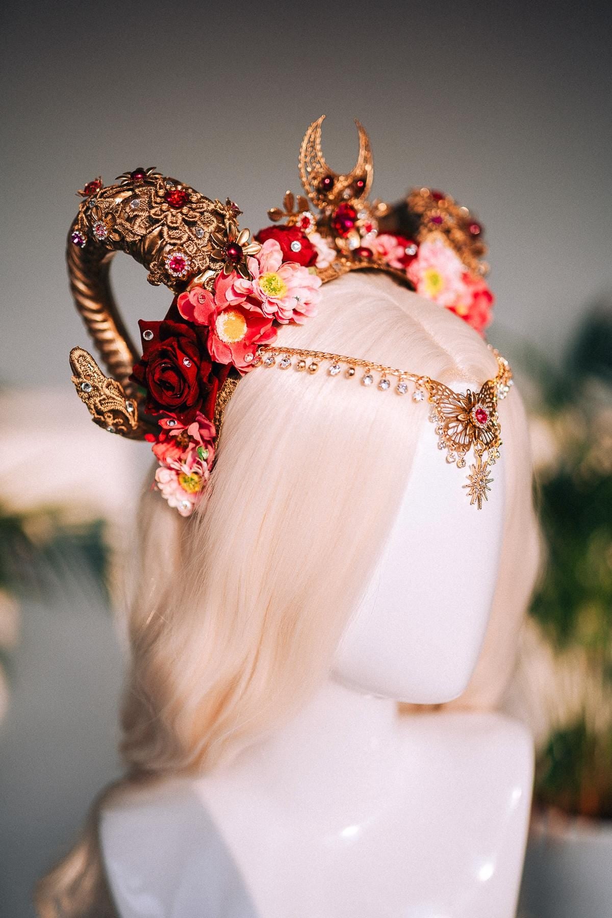 SALE Aries Horn Crown, Red Floral Goddess Tiara, Zodiac Ram Headpiece, Celestial Festival Halo, Astrological Horn Crown, Fire Sign Bridal