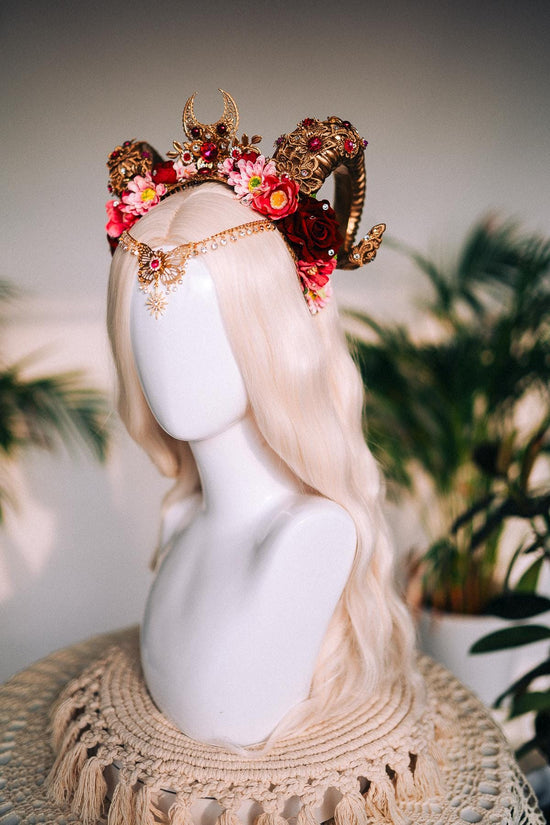 SALE Aries Horn Crown, Red Floral Goddess Tiara, Zodiac Ram Headpiece, Celestial Festival Halo, Astrological Horn Crown, Fire Sign Bridal