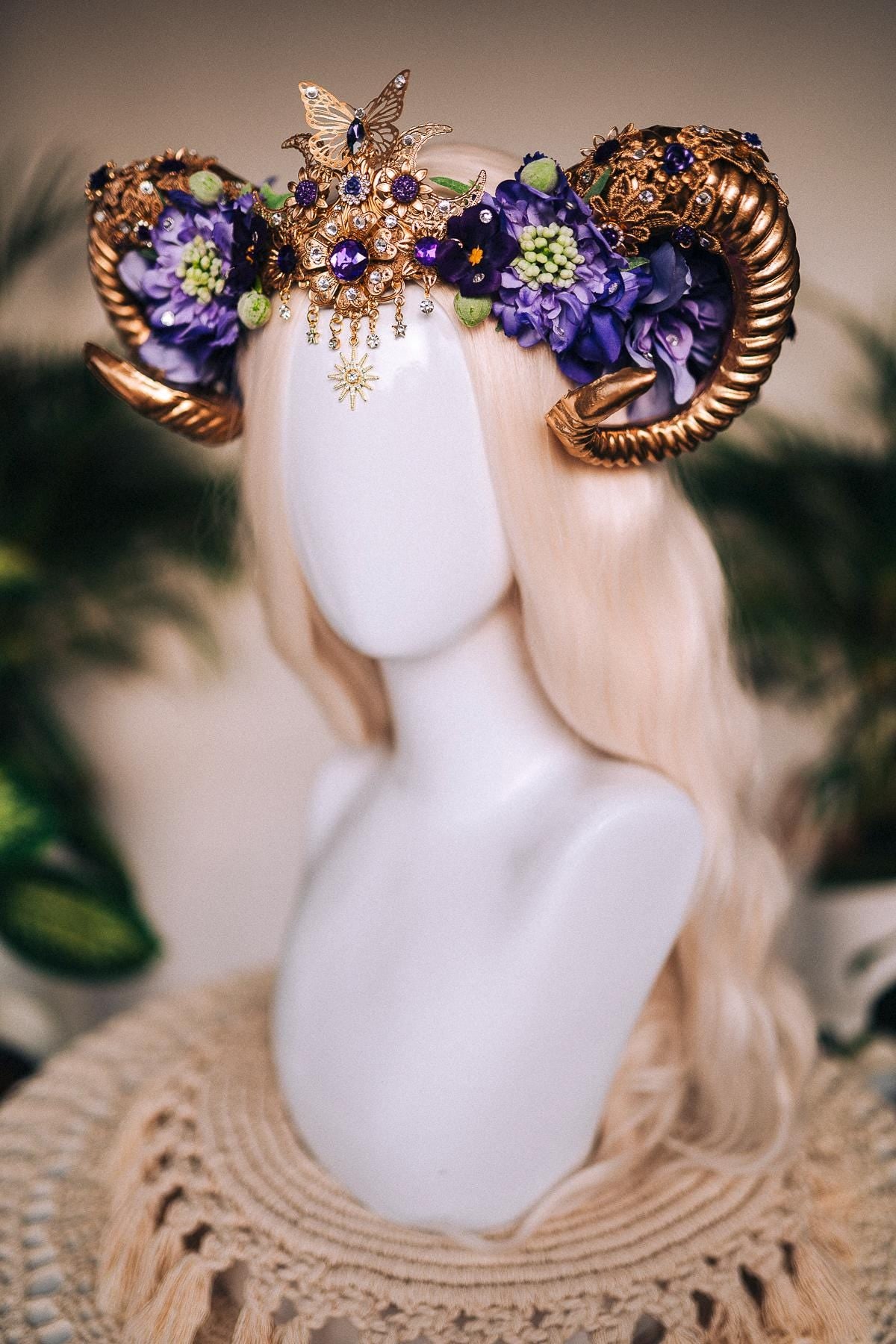 Aries Horn Crown, Purple Floral Ram Tiara, Zodiac Headpiece, Celestial Festival Crown, Fire Sign Horn Crown, Butterfly Moon Tiara, Goddess