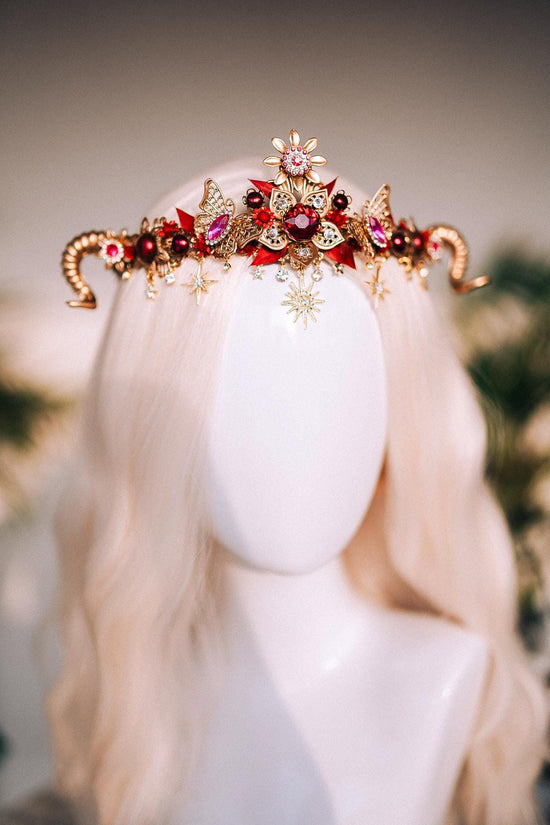 SALE Aries Crown, Ram Horn Tiara, Red Floral Tiara, Fire Sign Headpiece, Butterfly Zodiac Crown, Celestial Horn Headpiece, Festival Costume