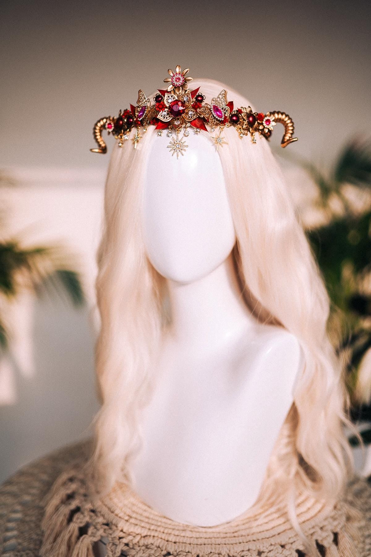 SALE Aries Crown, Ram Horn Tiara, Red Floral Tiara, Fire Sign Headpiece, Butterfly Zodiac Crown, Celestial Horn Headpiece, Festival Costume