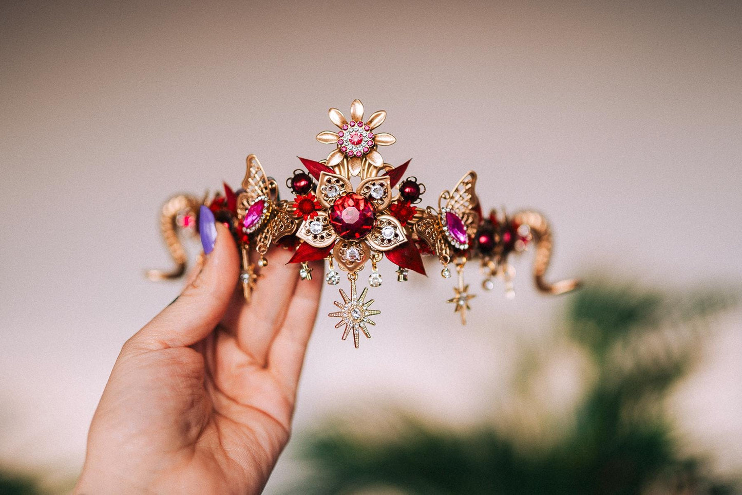 SALE Aries Crown, Ram Horn Tiara, Red Floral Tiara, Fire Sign Headpiece, Butterfly Zodiac Crown, Celestial Horn Headpiece, Festival Costume