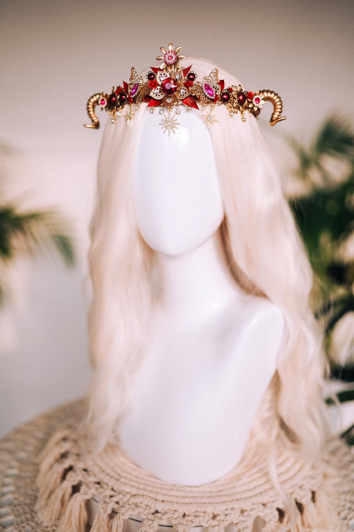 SALE Aries Crown, Ram Horn Tiara, Red Floral Tiara, Fire Sign Headpiece, Butterfly Zodiac Crown, Celestial Horn Headpiece, Festival Costume