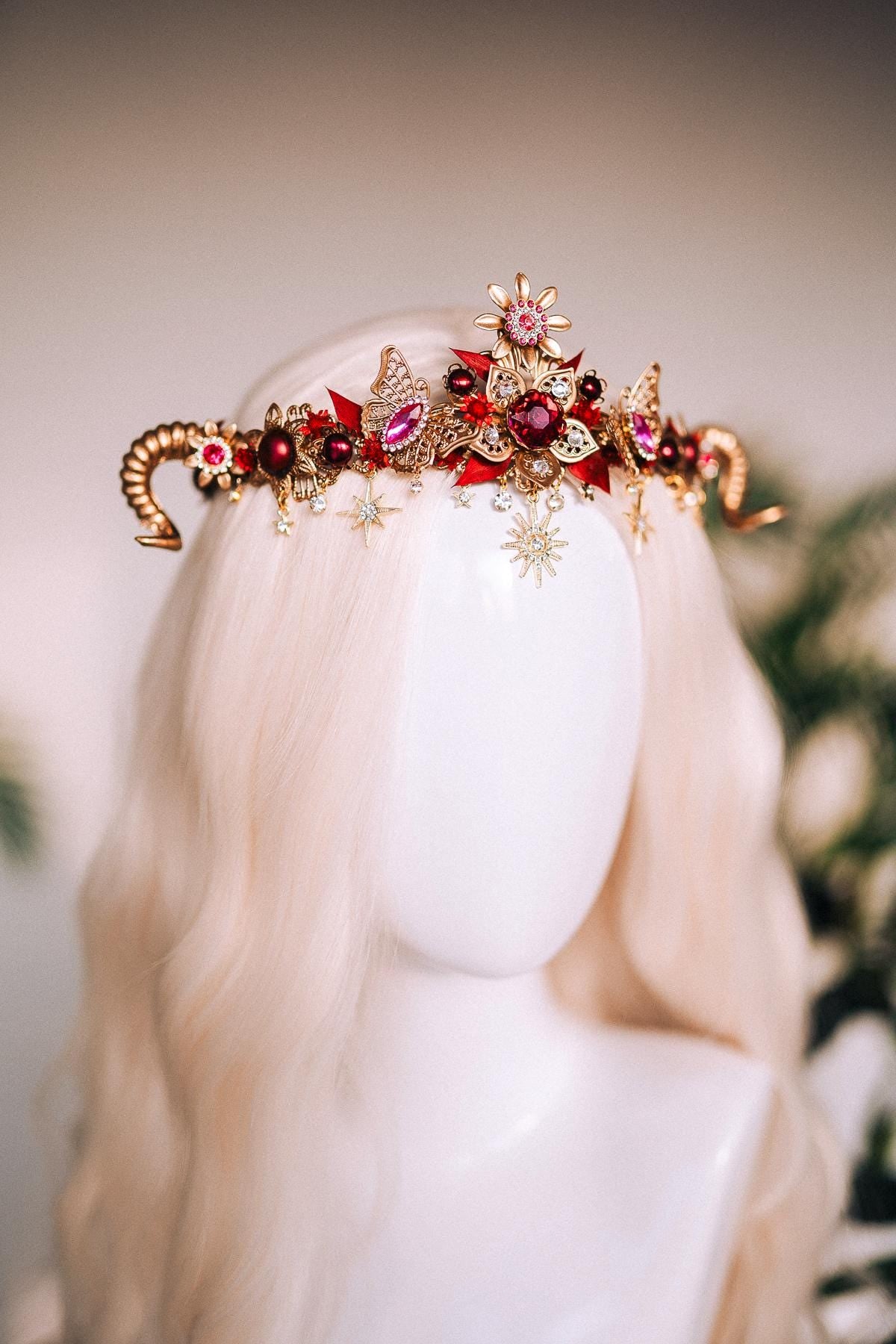 SALE Aries Crown, Ram Horn Tiara, Red Floral Tiara, Fire Sign Headpiece, Butterfly Zodiac Crown, Celestial Horn Headpiece, Festival Costume