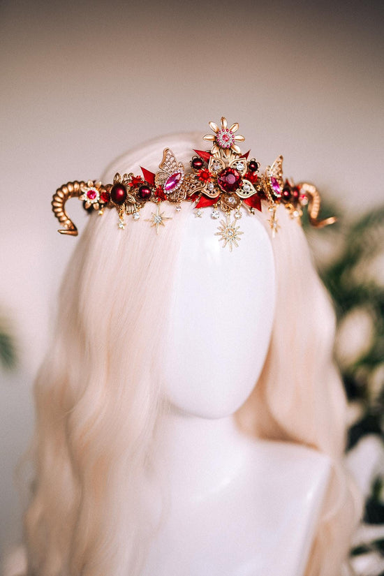 SALE Aries Crown, Ram Horn Tiara, Red Floral Tiara, Fire Sign Headpiece, Butterfly Zodiac Crown, Celestial Horn Headpiece, Festival Costume