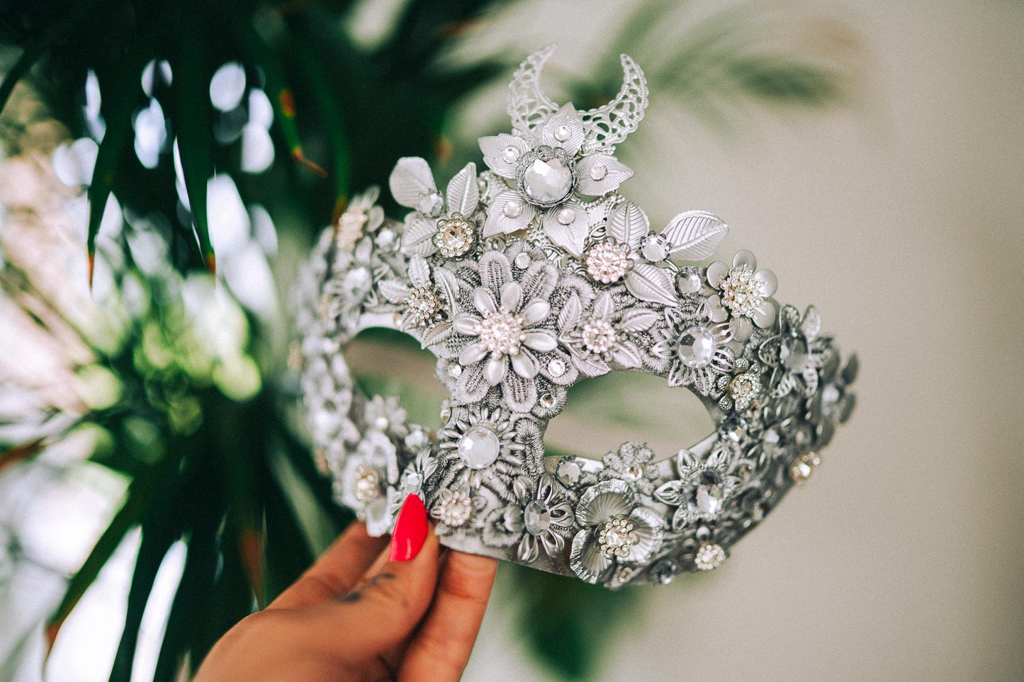 Silver Moon Mask, Venetian Mask, Masquerade Mask, Carnival Mask, Crystal Facepiece, Baroque Costume, Floral Mask, Handmade Mask