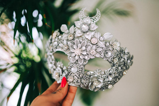Silver Moon Mask, Venetian Mask, Masquerade Mask, Carnival Mask, Crystal Facepiece, Baroque Costume, Floral Mask, Handmade Mask