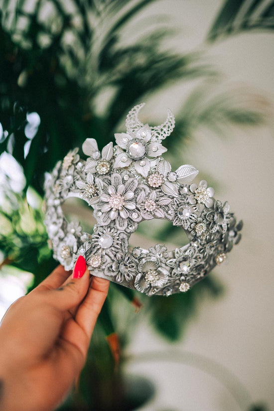 Silver Moon Mask, Venetian Mask, Masquerade Mask, Carnival Mask, Crystal Facepiece, Baroque Costume, Floral Mask, Handmade Mask
