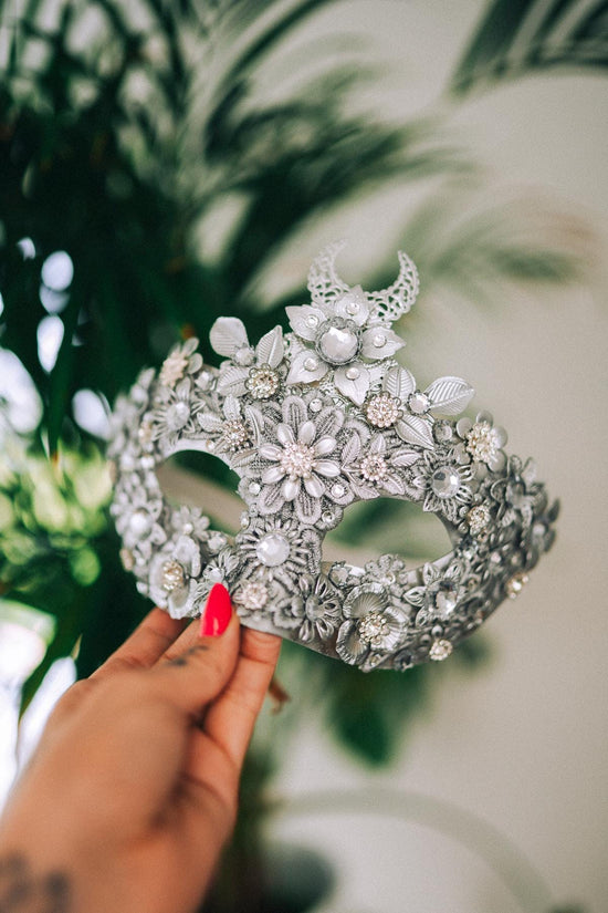 Silver Moon Mask, Venetian Mask, Masquerade Mask, Carnival Mask, Crystal Facepiece, Baroque Costume, Floral Mask, Handmade Mask