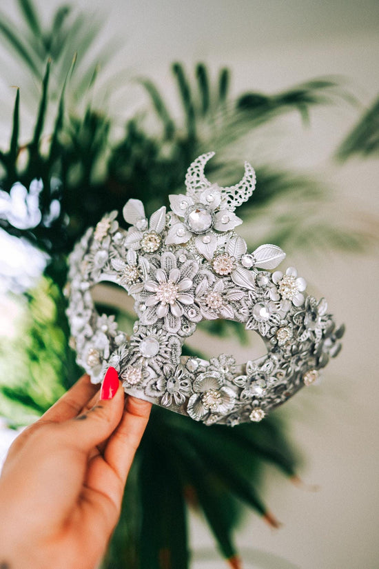 Silver Moon Mask, Venetian Mask, Masquerade Mask, Carnival Mask, Crystal Facepiece, Baroque Costume, Floral Mask, Handmade Mask