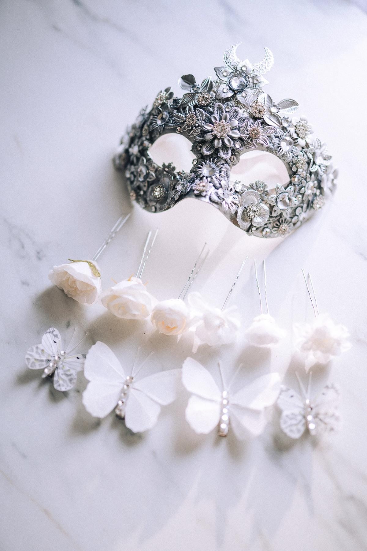 Silver Moon Mask, Venetian Mask, Masquerade Mask, Carnival Mask, Crystal Facepiece, Baroque Costume, Floral Mask, Handmade Mask