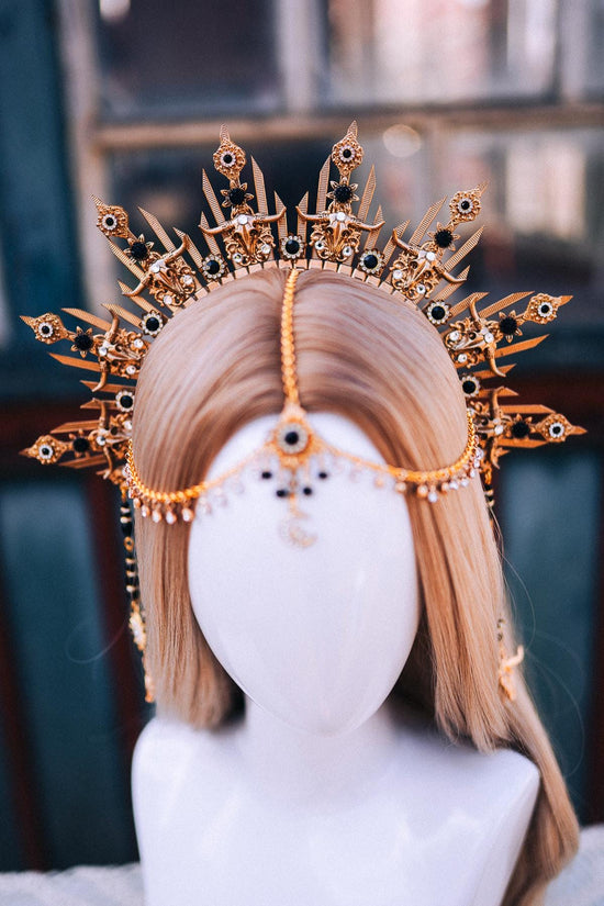 Taurus Crown, Zodiac Crown, Celestial Headpiece, Black Gold Halo Crown, Boho Birthday Crown, Festival Headpiece, Moon Goddess Crown