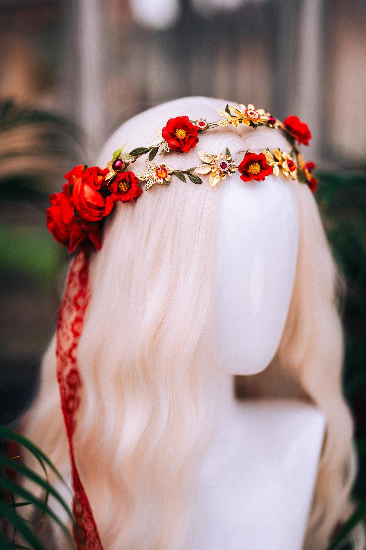 Red Rose Crown, Boho Wedding Hair Wreath, Midsummer Headpiece, Rose Floral Vine, Festival Flower Crown, Goddess Rose Wreath, Wedding